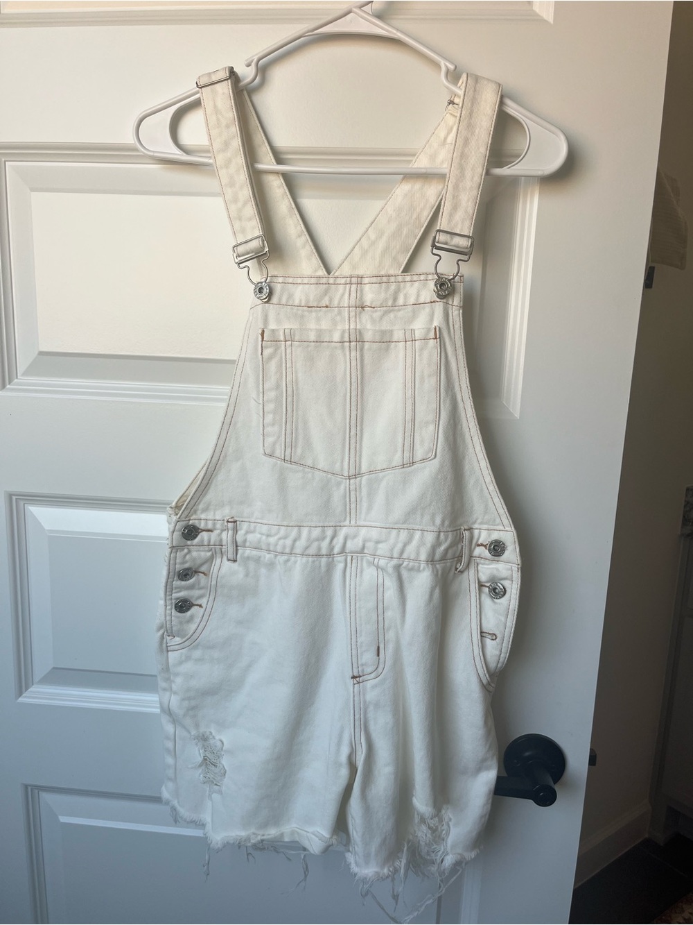 White Denim Short Overalls - Women's Casual Bib Jumpsuit smal